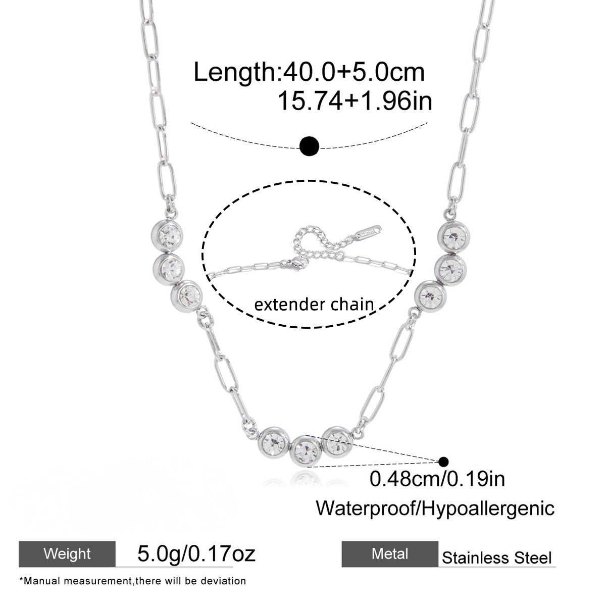 Stainless Steel Cubic Zirconia Paperclip Chain Necklace