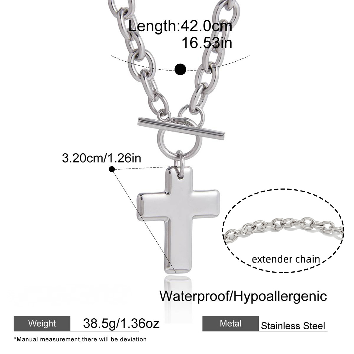 Stainless Steel Cross Pendant OT Clasp Cable Chain Necklace