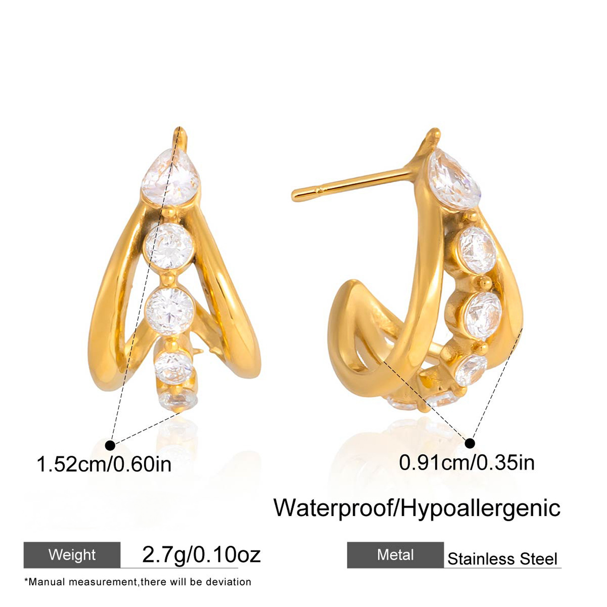 Stainless Steel White CZ Three-layer Hollow C-shaped Stud Earrings