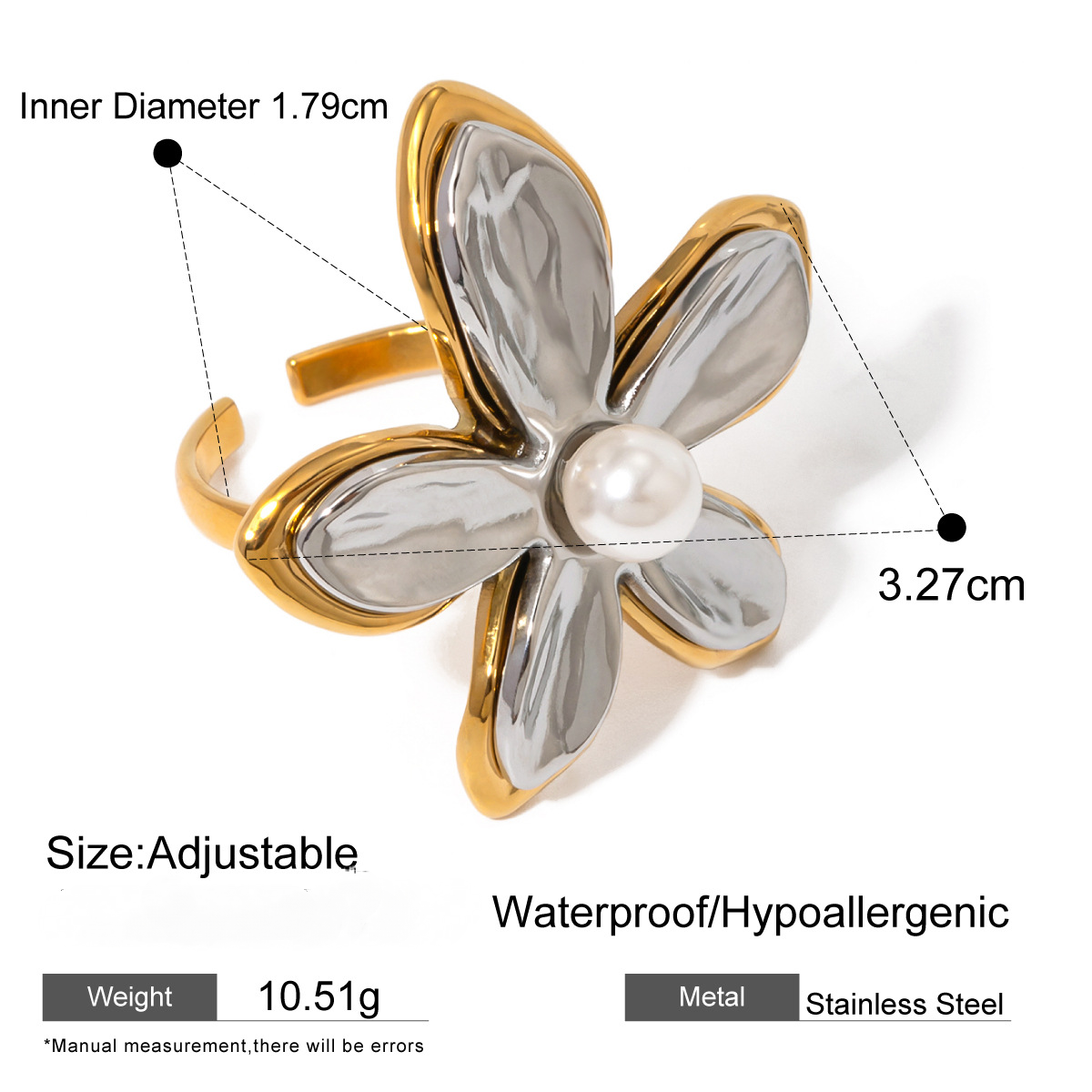 Stainless Steel Exaggerated Flower Pearl Ring