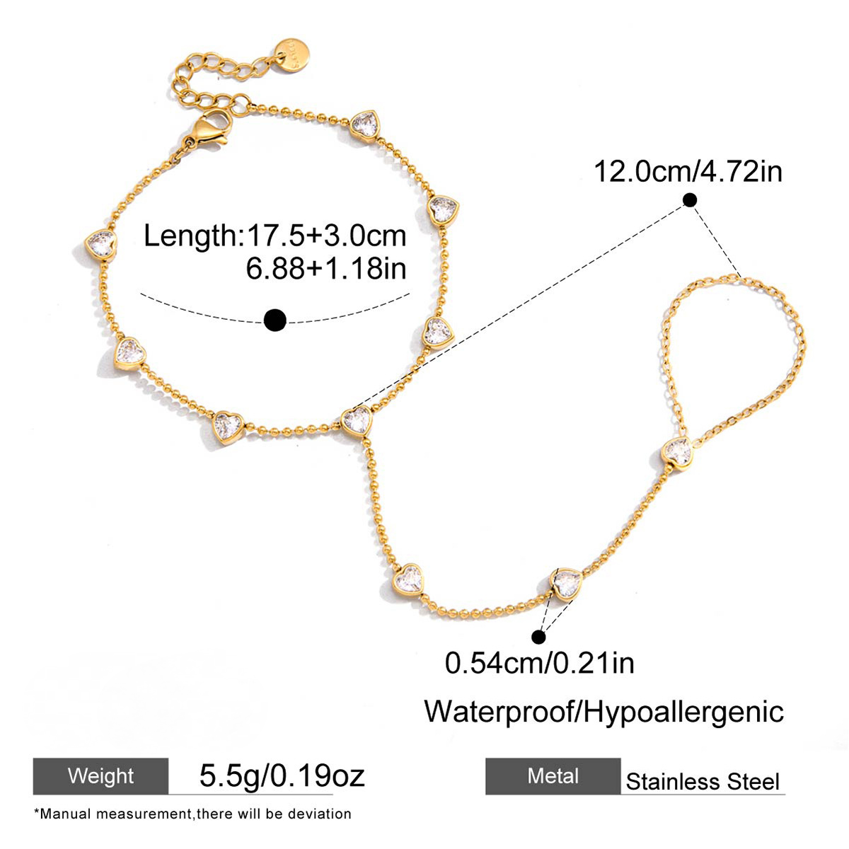 Stainless Steel Heart Cubic Zirconia Hand Chain Bracelet