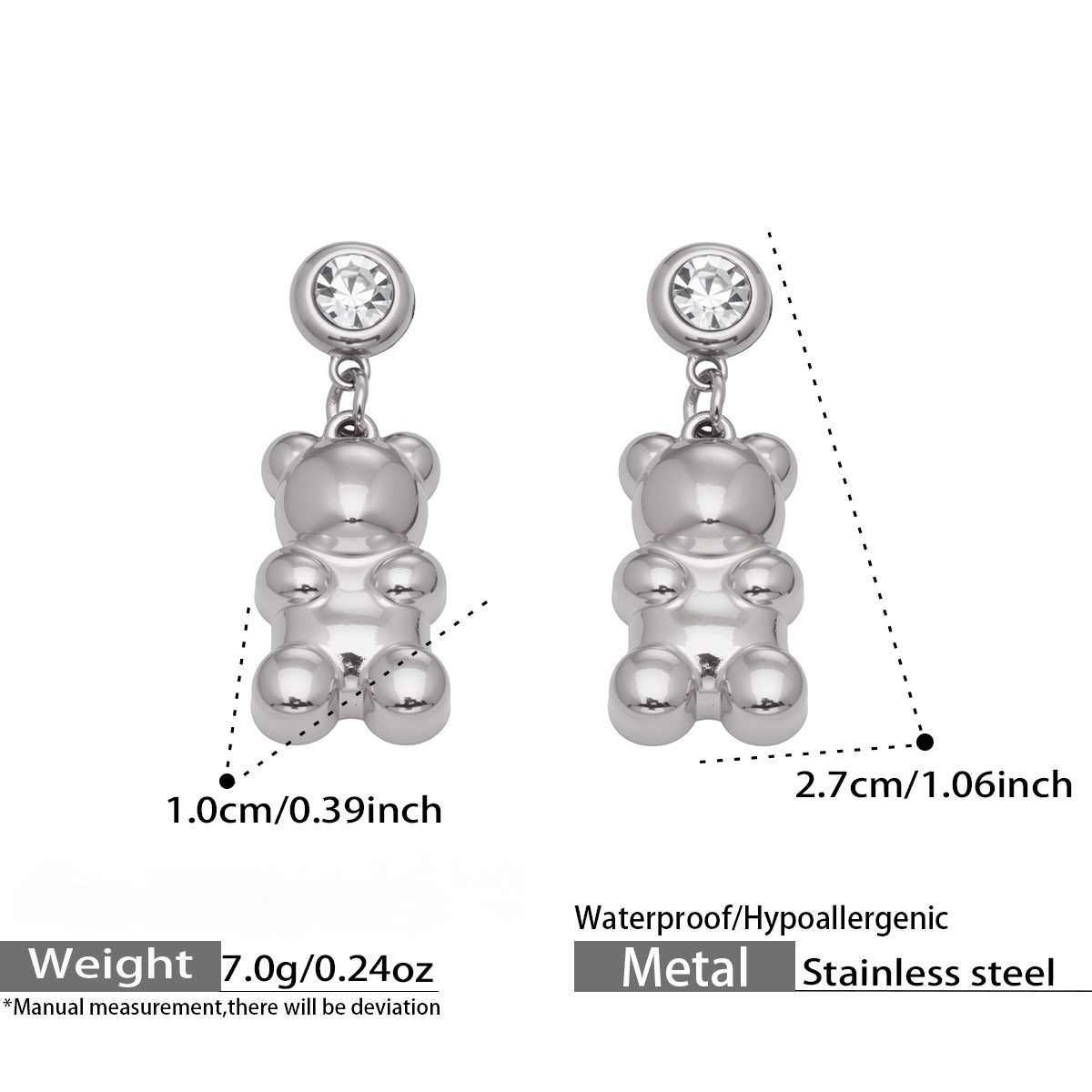 Stainless Steel 5A CZ Bear Pendant Stud Earrings