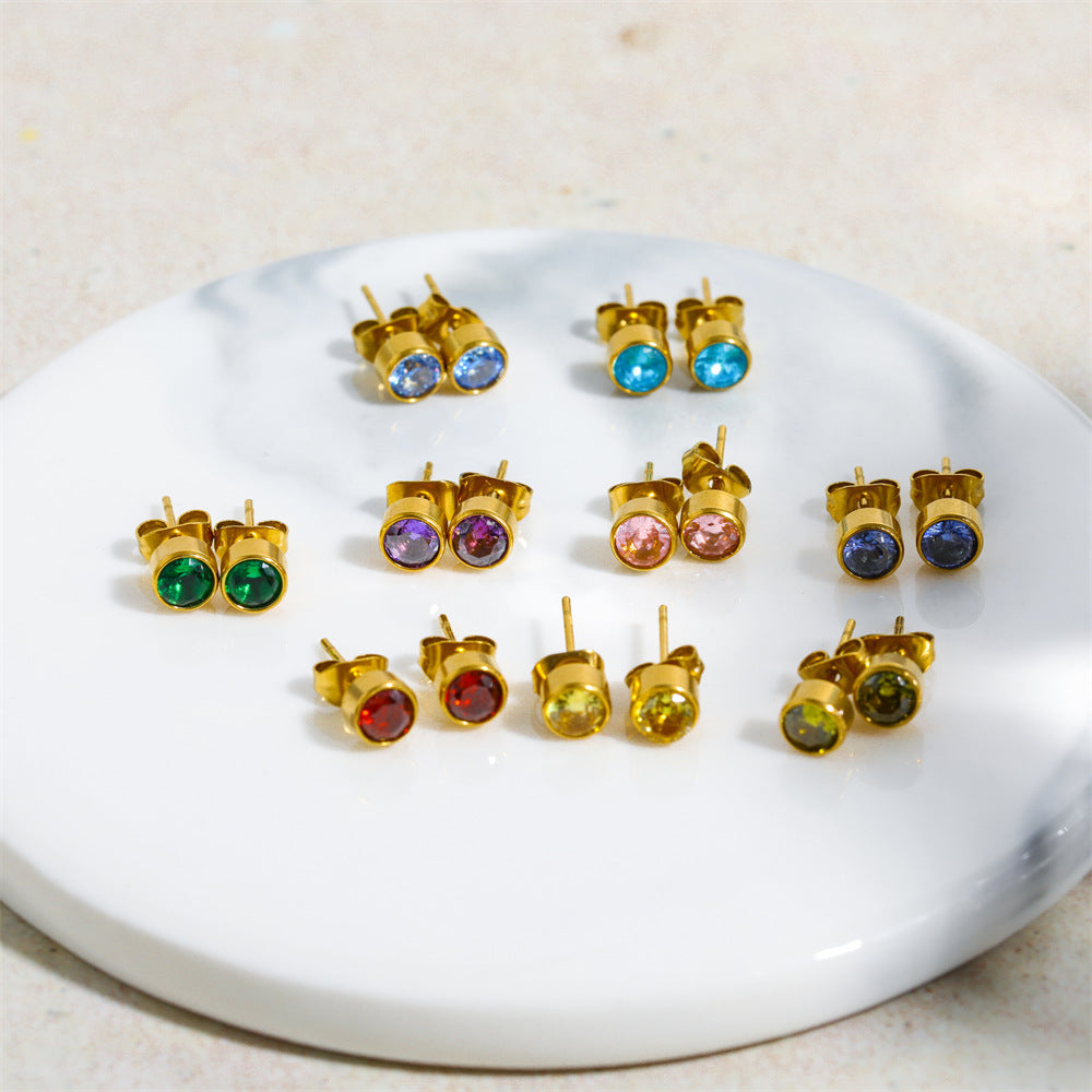 18K Gold PVD Stainless Steel Round Birthstone Earrings