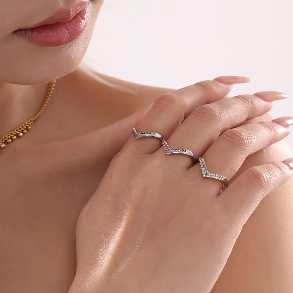 Stainless Steel Adjustable V Shape Cubic Zirconia Ring