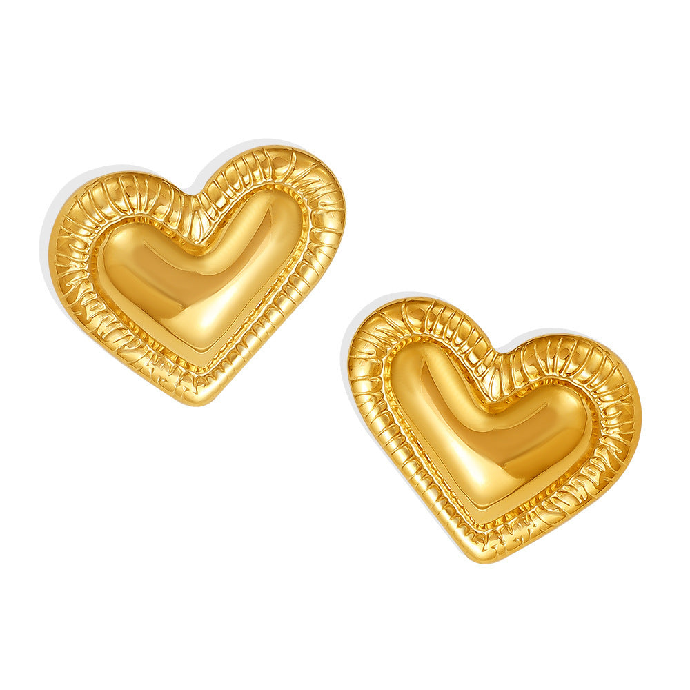Stainless Steel Stitched Vertical Stripe Heart Stud Earrings