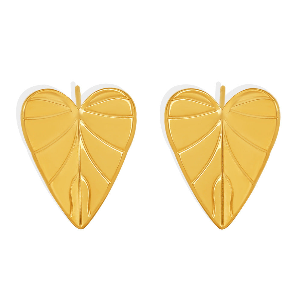 Stainless Steel Heart Leaf Pattern Stud Earrings