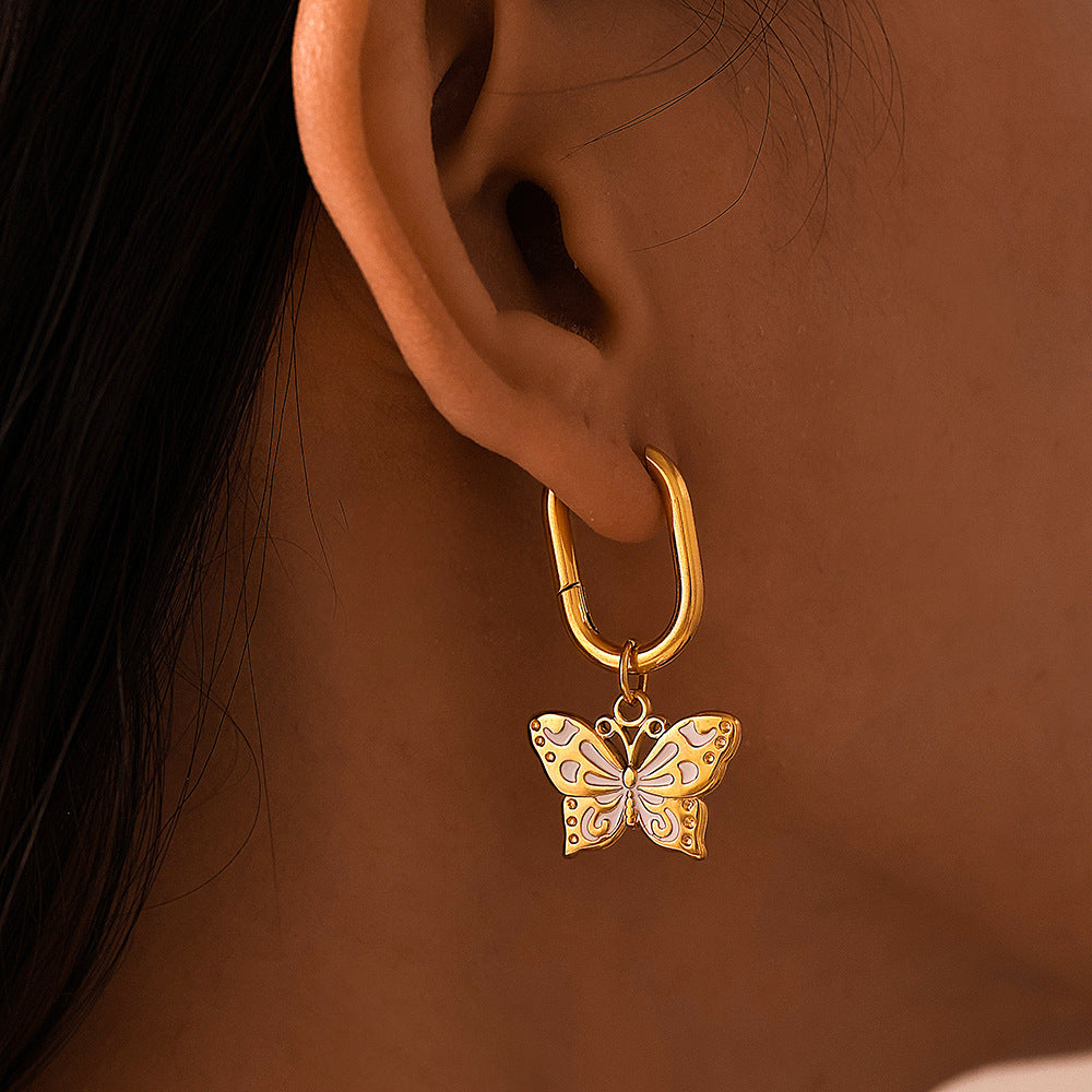 Stainless Steel Enamel Butterfly Drop Earrings
