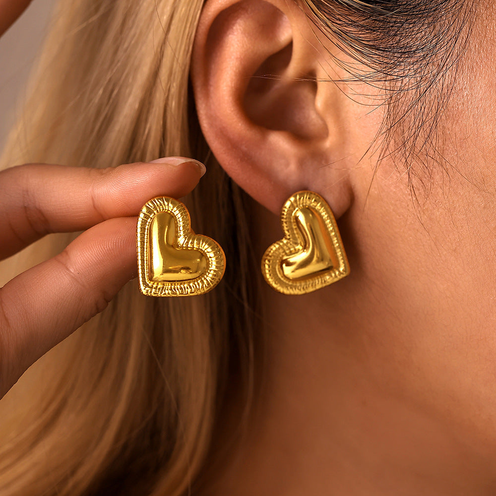 Stainless Steel Stitched Vertical Stripe Heart Stud Earrings