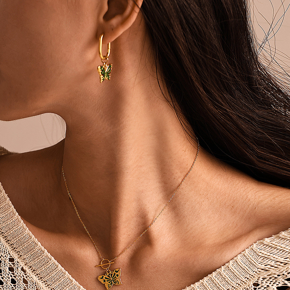 Stainless Steel Enamel Butterfly Drop Earrings