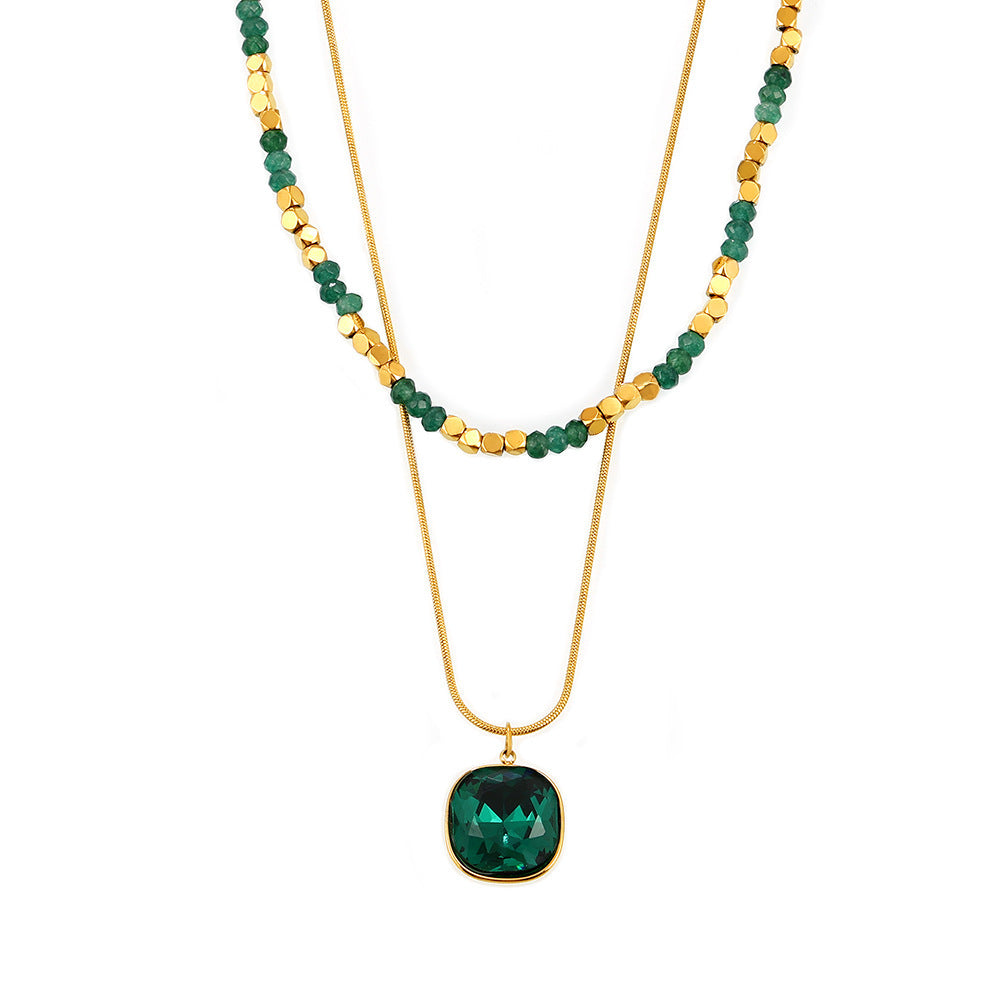 Natural Stone Beaded Crystal Pendant Double Layer Necklace