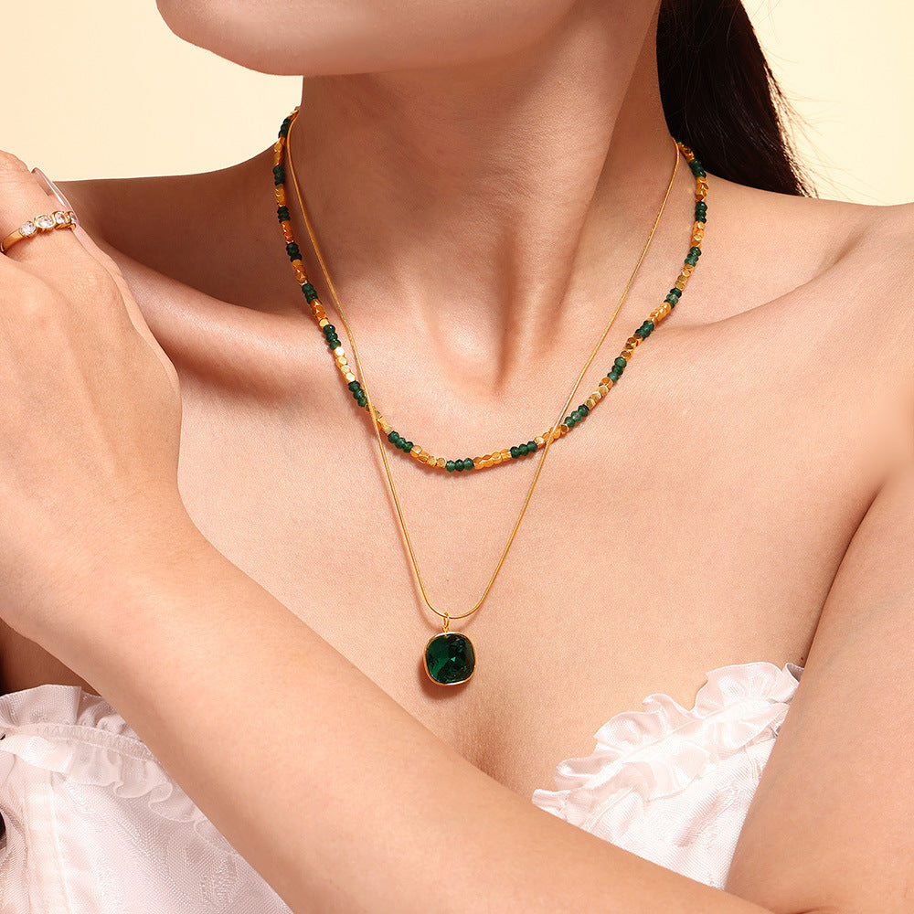 Natural Stone Beaded Crystal Pendant Double Layer Necklace