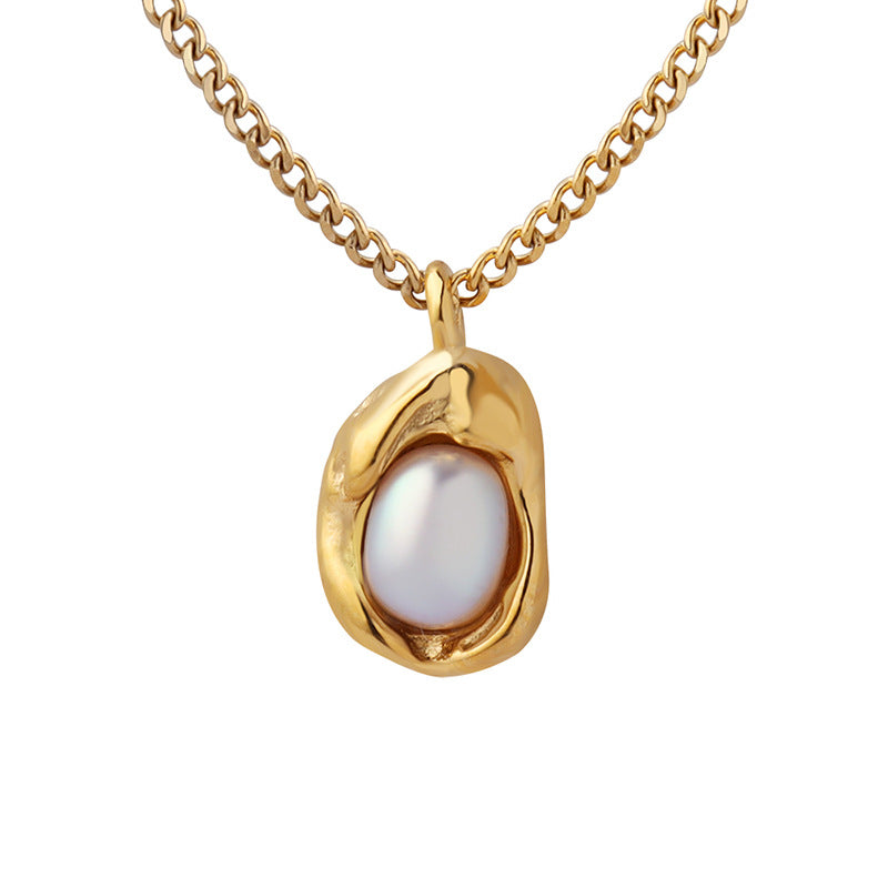 Stainless Steel Rectangular Inlay Freshwater Pearl Necklace