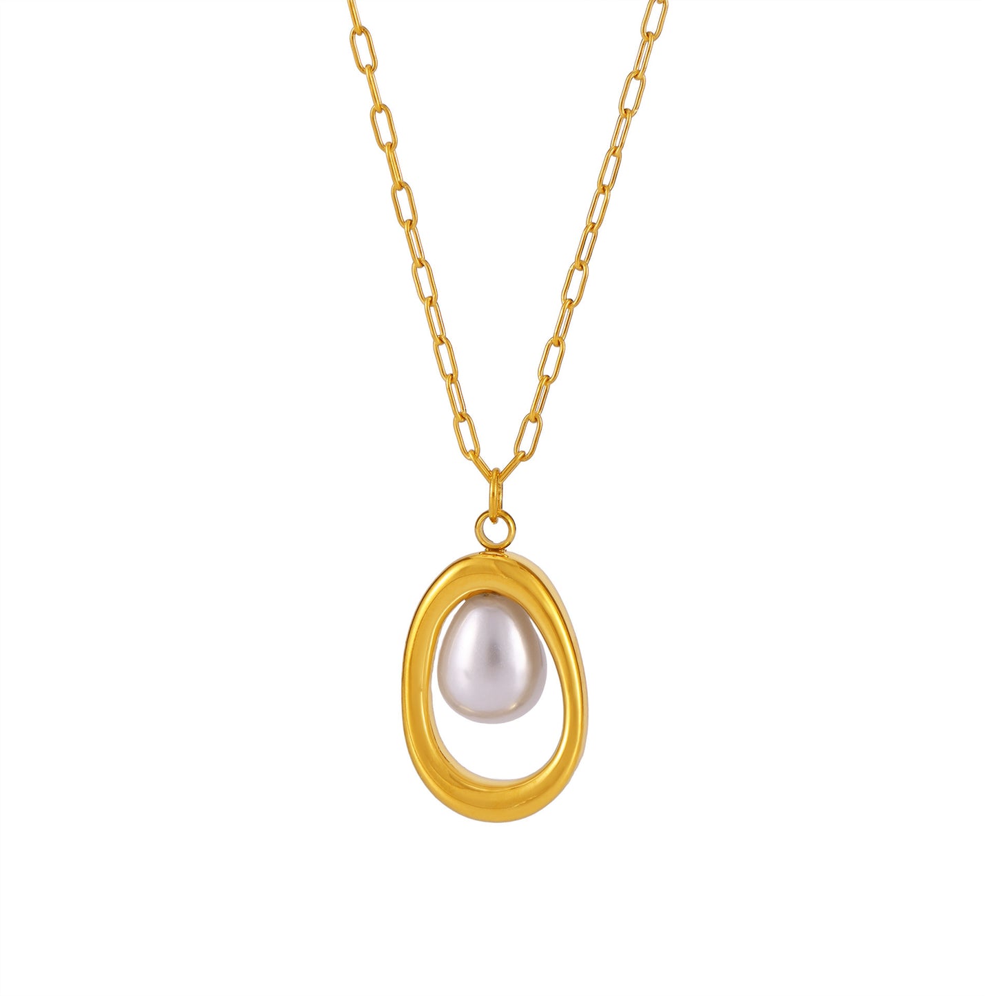 Stainless Steel Single Pearl Paperclip Chain Necklace