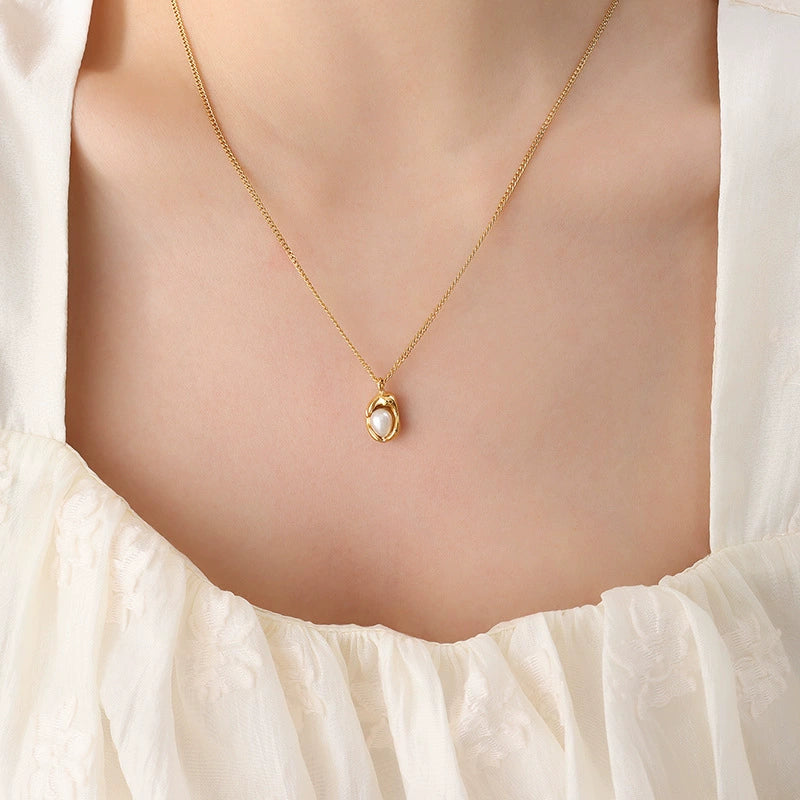 Stainless Steel Rectangular Inlay Freshwater Pearl Necklace
