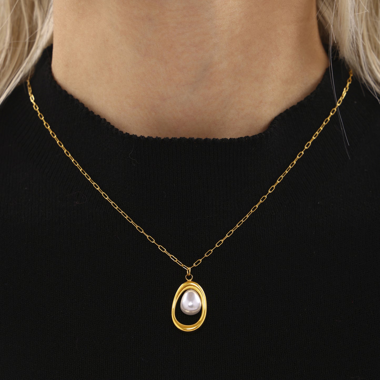 Stainless Steel Single Pearl Paperclip Chain Necklace