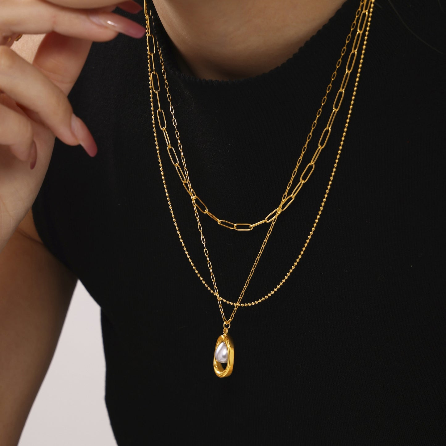 Stainless Steel Single Pearl Paperclip Chain Necklace