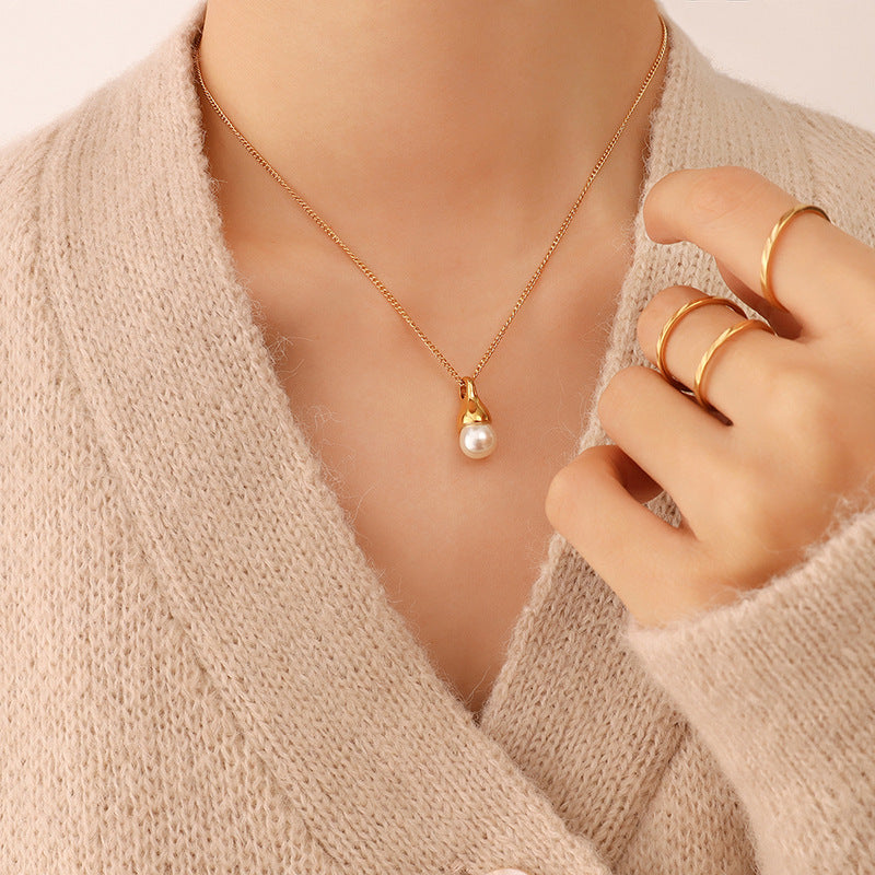 Stainless Steel Single Imitation Pearl Curb Chain Necklace