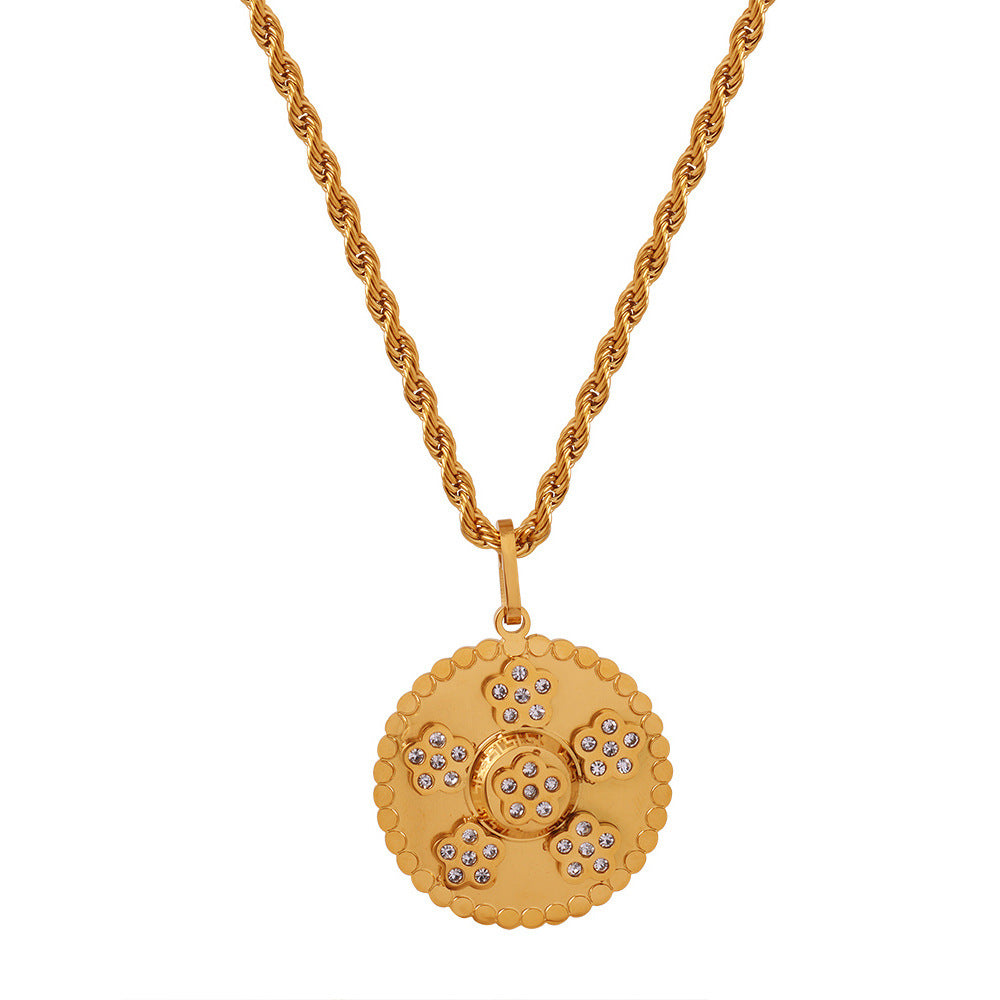 Stainless Steel Flower Inlay Cubic Zirconia Round Pendant Necklace