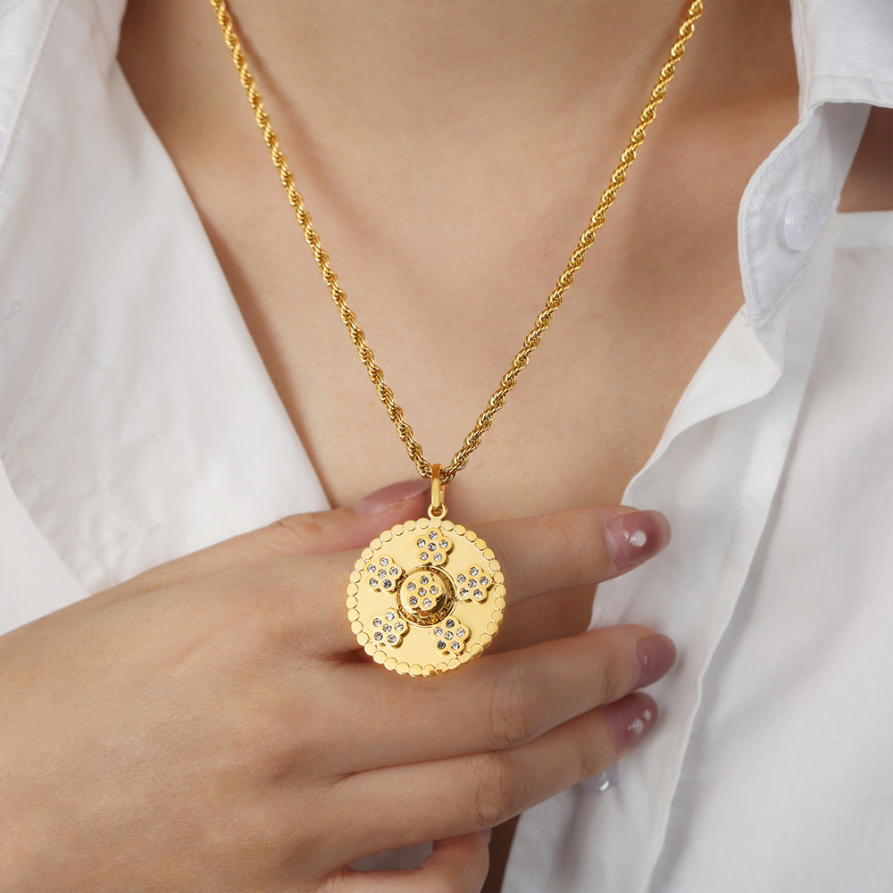 Stainless Steel Flower Inlay Cubic Zirconia Round Pendant Necklace