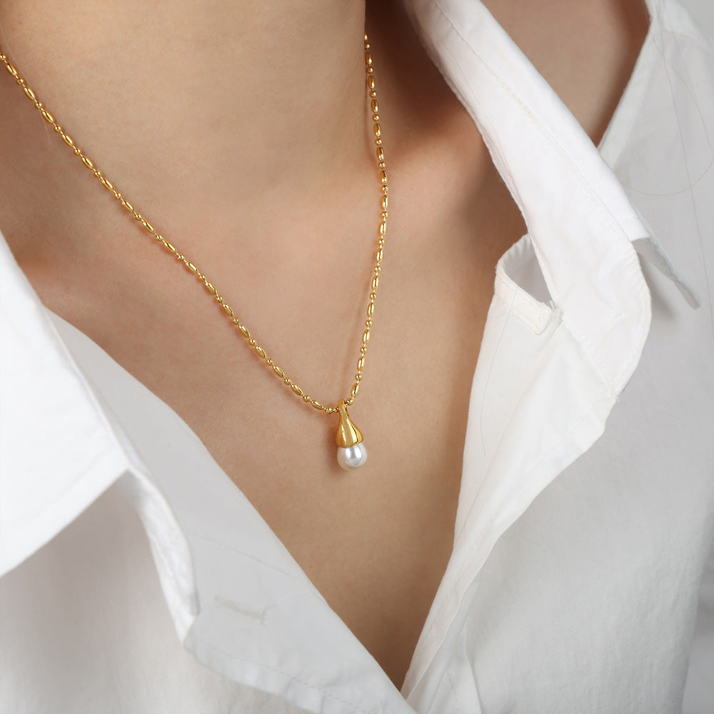 Stainless Steel Imitation Pearl Pendant Ball Chain Necklace