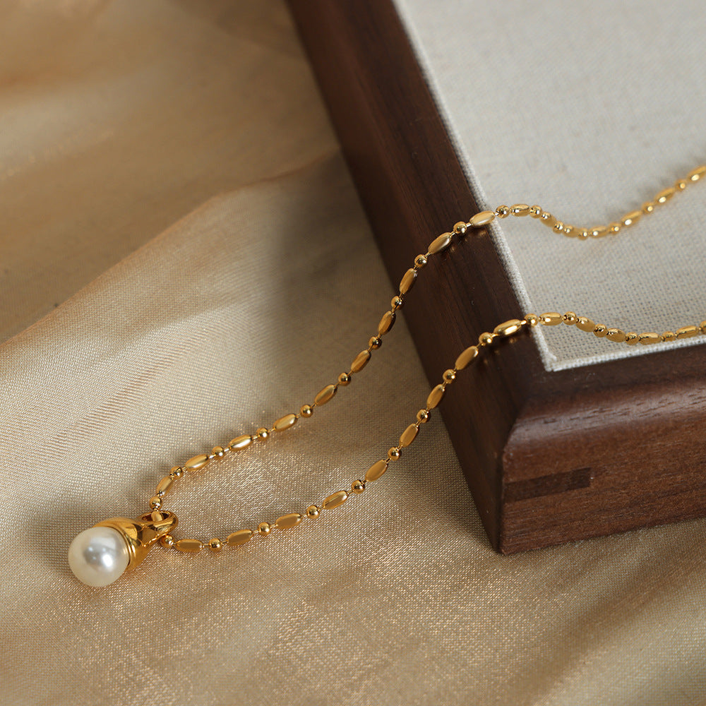 Stainless Steel Imitation Pearl Pendant Ball Chain Necklace