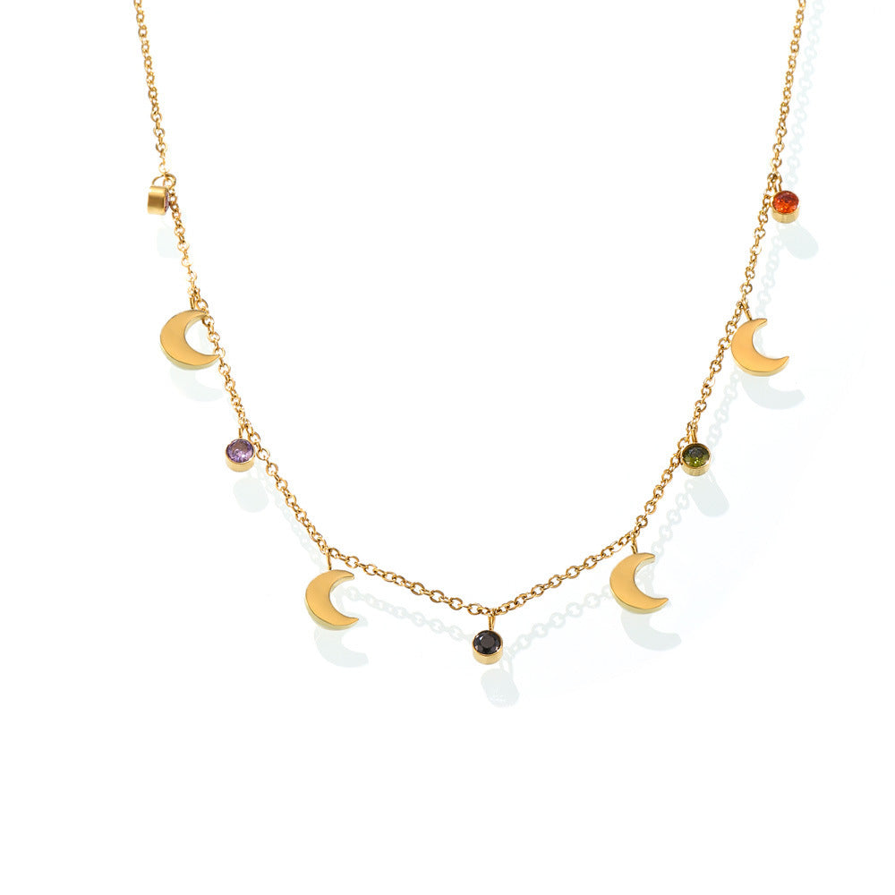 Stainless Steel Moon Tassel Cubic Zirconia Necklace