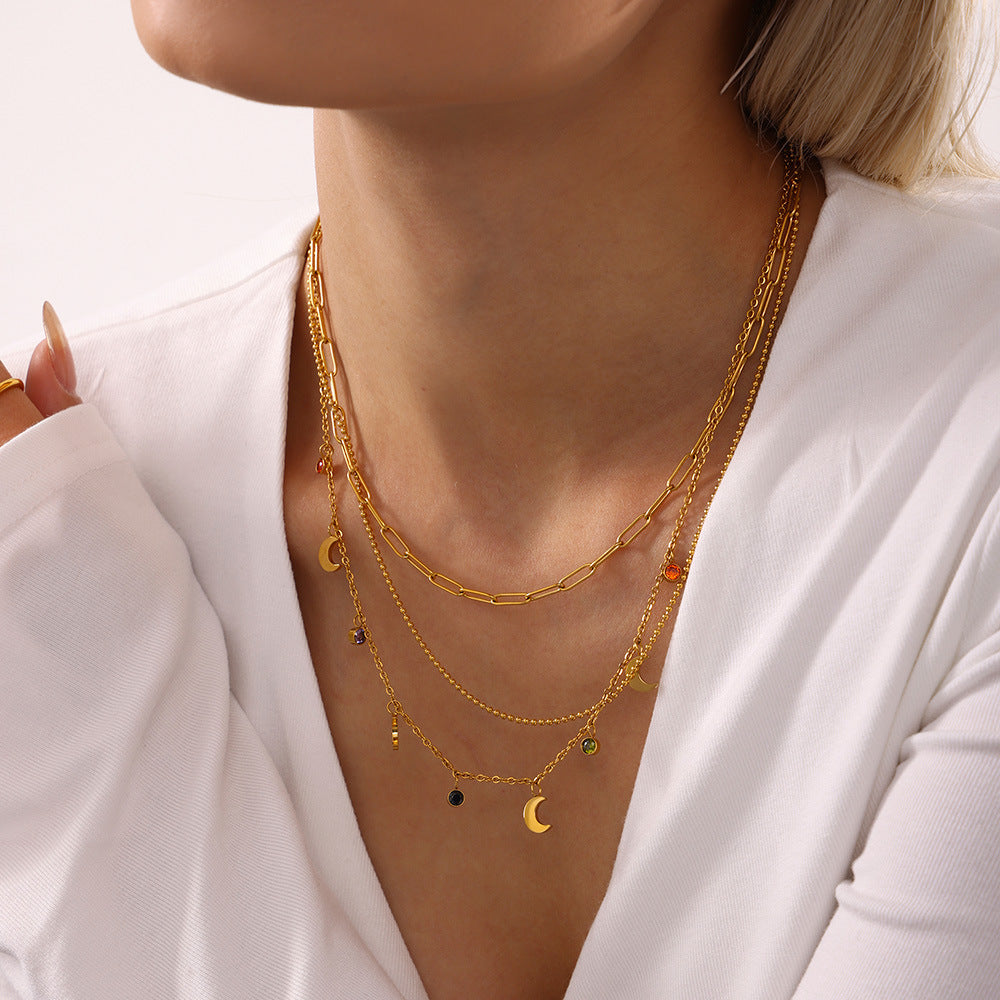 Stainless Steel Moon Tassel Cubic Zirconia Necklace
