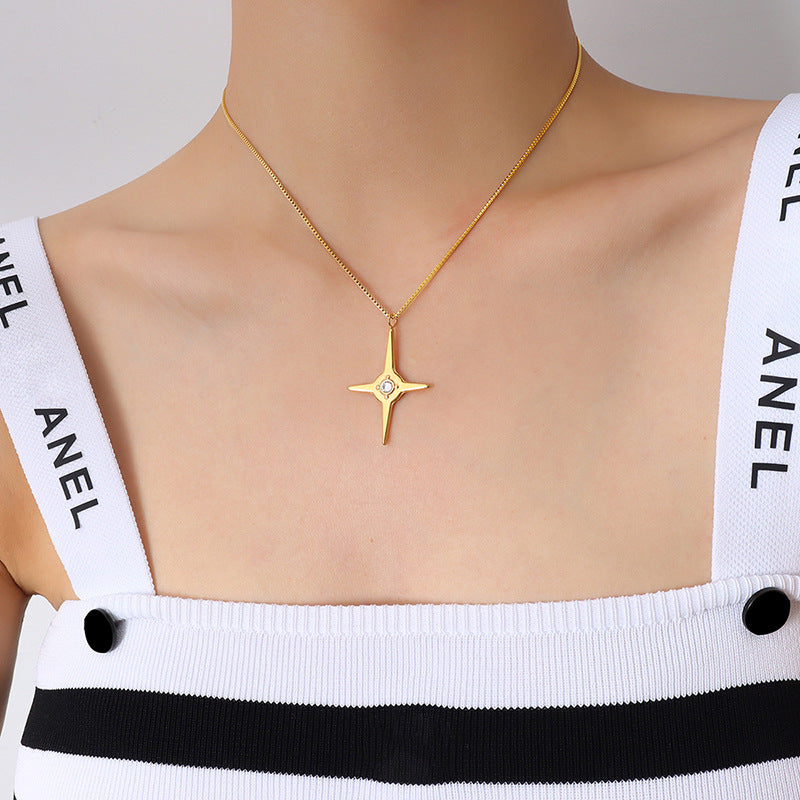 Stainless Steel Box Chain Cross Cubic Zirconia Necklace