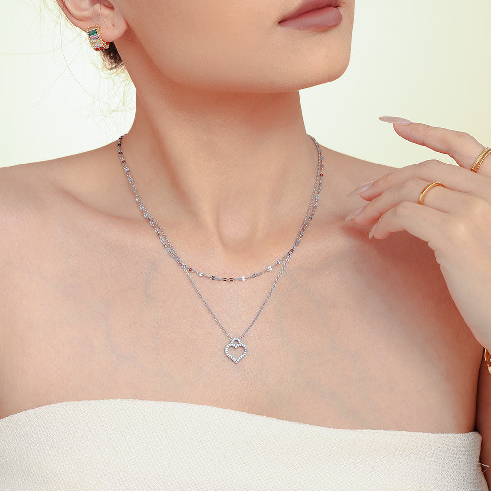 Stainless Steel Peach Heart with Outer Hole Inlay Cubic Zirconia Necklace