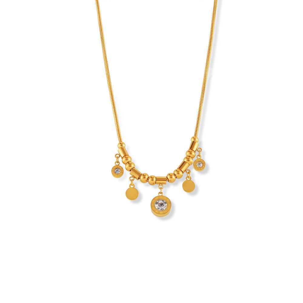 Stainless Steel Round Inlay Cubic Zirconia Pendant Necklace