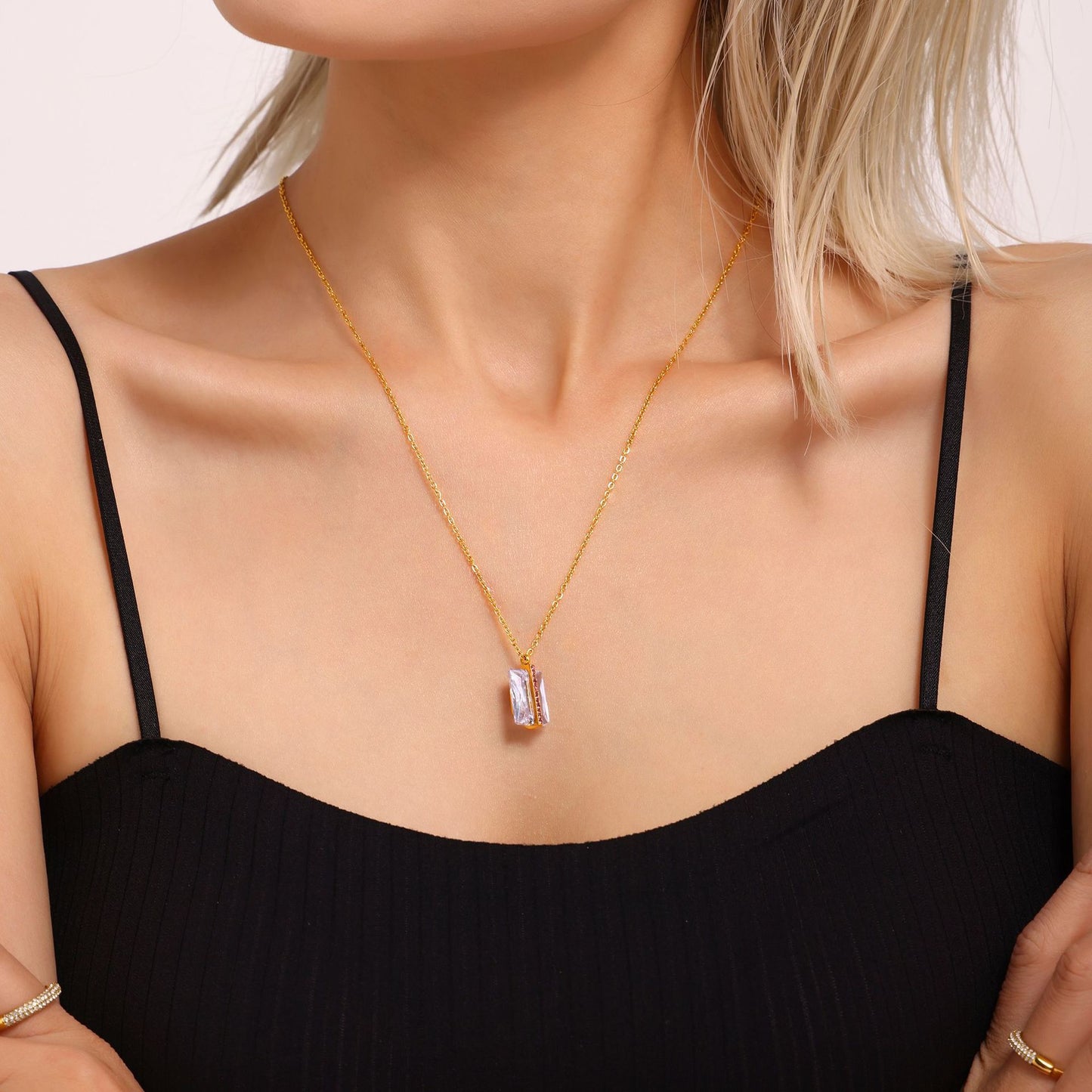 Stainless Steel Rectangular Cubic Zirconia Necklace