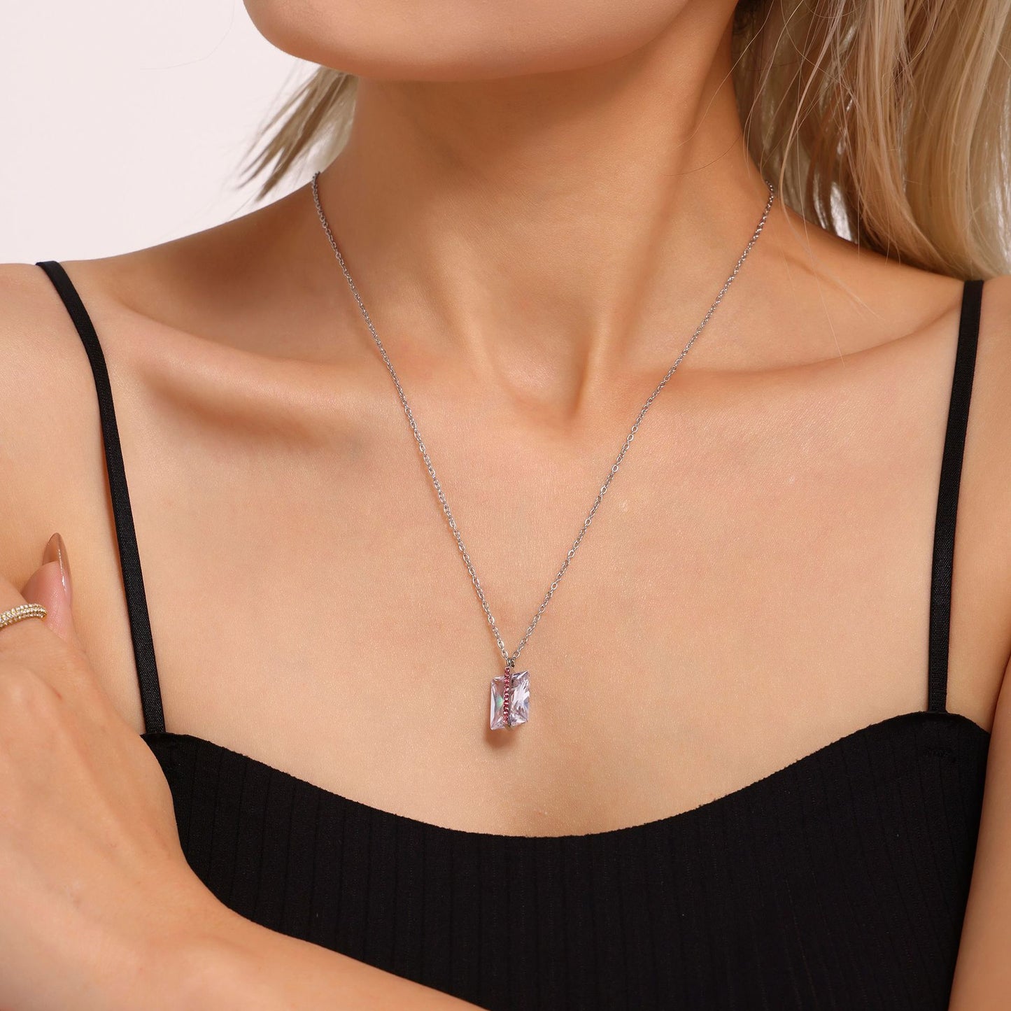 Stainless Steel Rectangular Cubic Zirconia Necklace