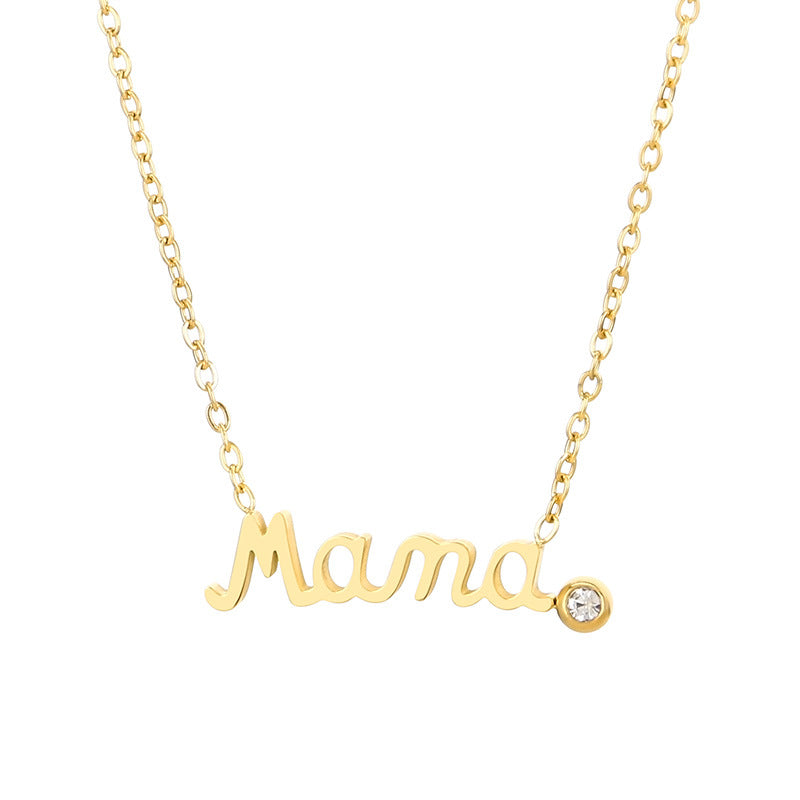 Stainless Steel Mama Letter Round Cubic Zirconia Pendant Necklace