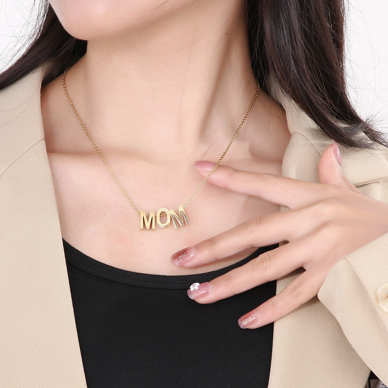 Stainless Steel Polished MOM Letter Necklace