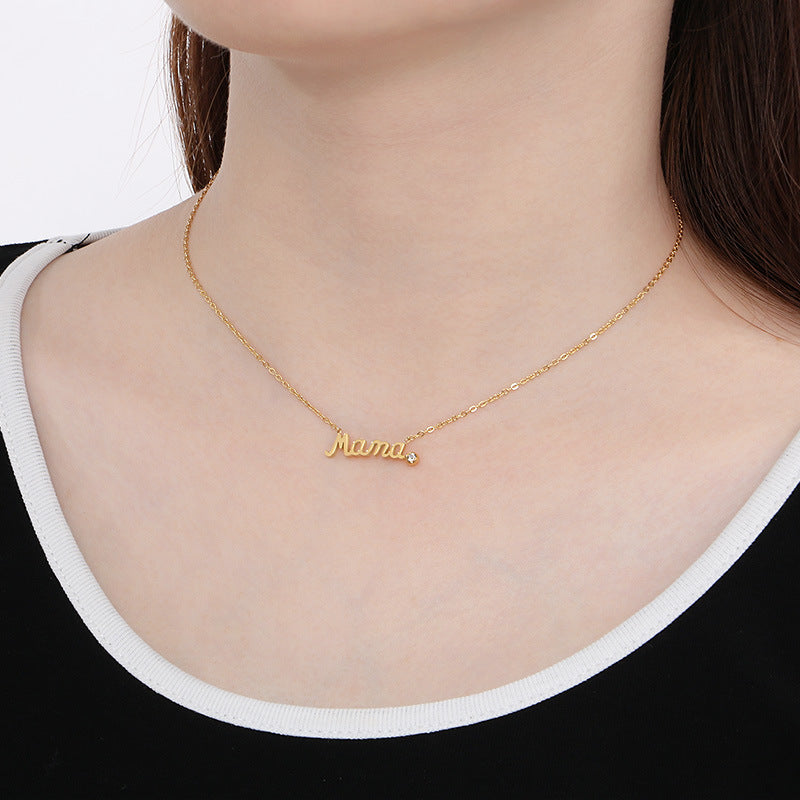 Stainless Steel Mama Letter Round Cubic Zirconia Pendant Necklace