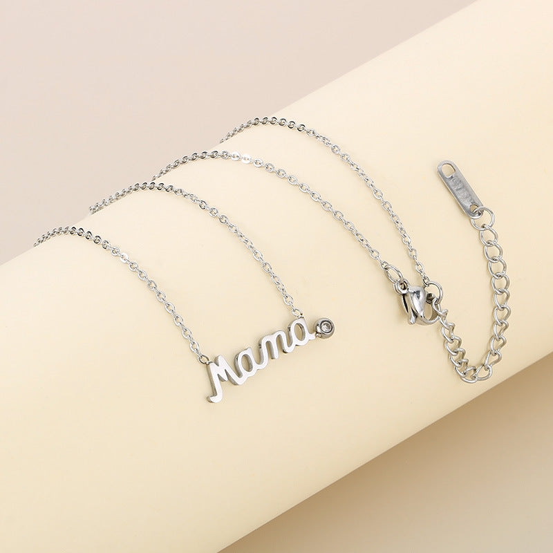 Stainless Steel Mama Letter Round Cubic Zirconia Pendant Necklace