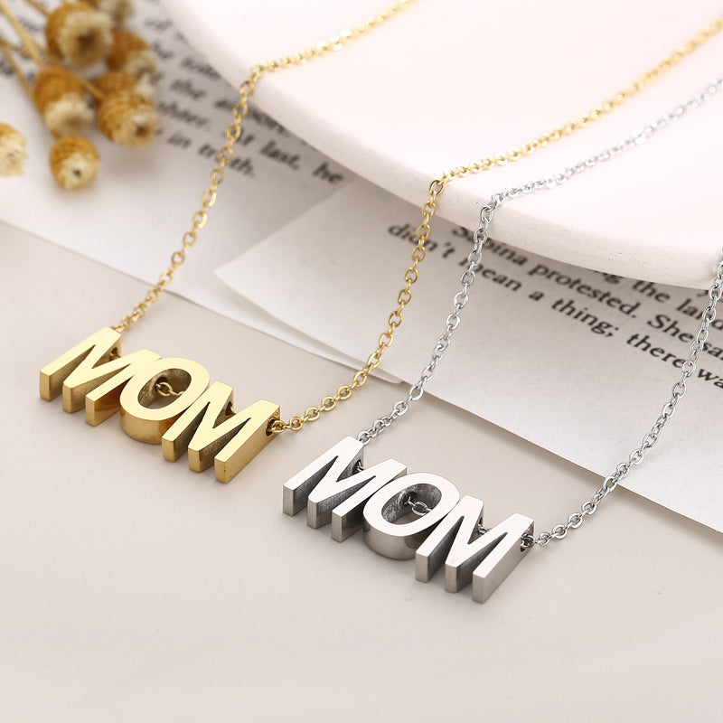 Stainless Steel Polished MOM Letter Necklace