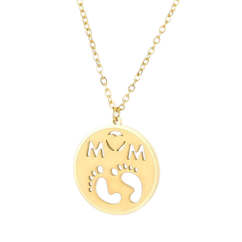 Tainless Steel Round Pendant Mom Letter Footprint Pattern Necklace