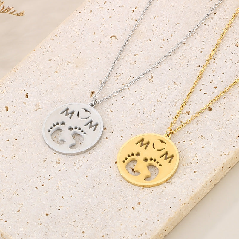 Tainless Steel Round Pendant Mom Letter Footprint Pattern Necklace