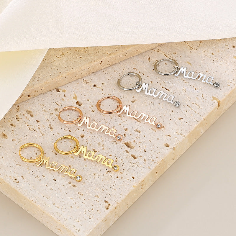 Mama Letter Cubic Zirconia Bar Earrings