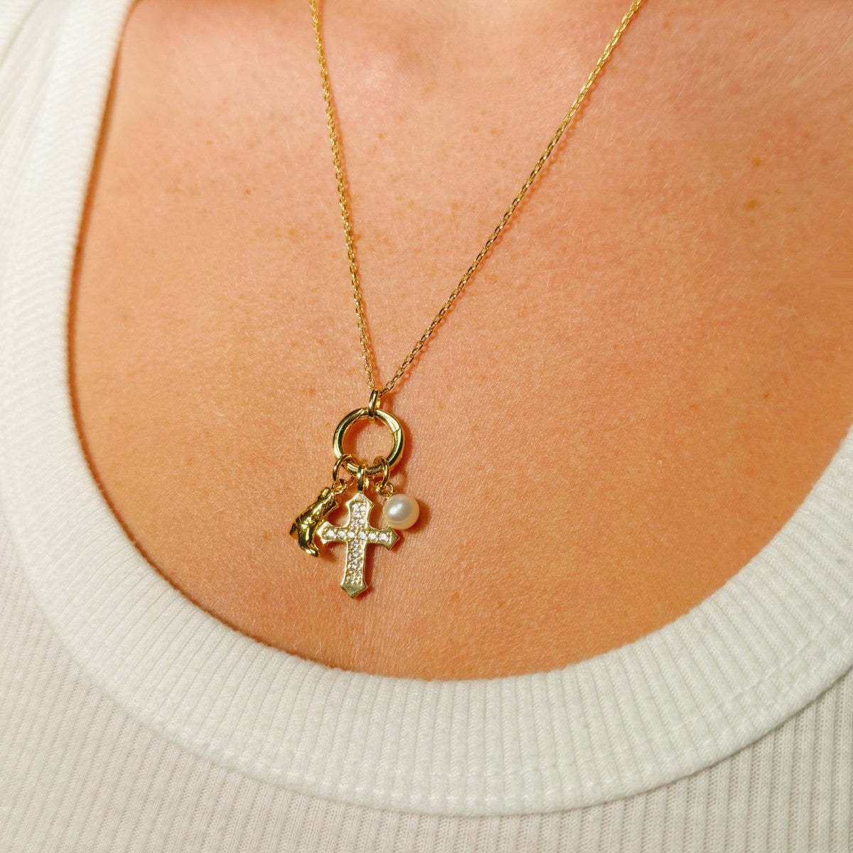 Stainless Steel Cross Pearl Heart Pendant