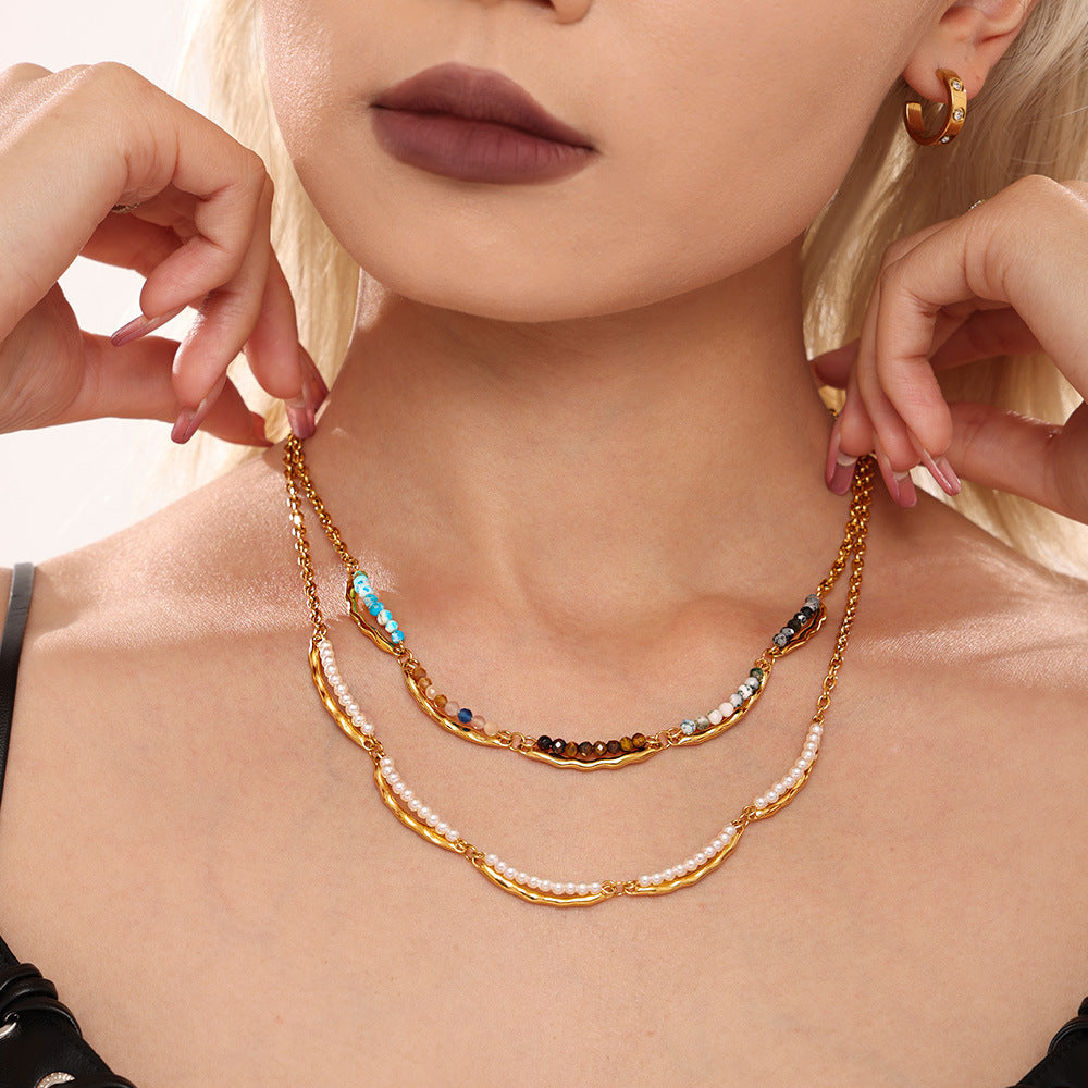 Stainless Steel Beaded Chain Double Necklace Bracelet Jewelry Suit