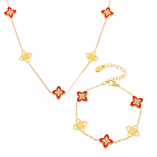 Red Oil Drop Four-leaf Flower Bracelet Necklace Jewelry Suit