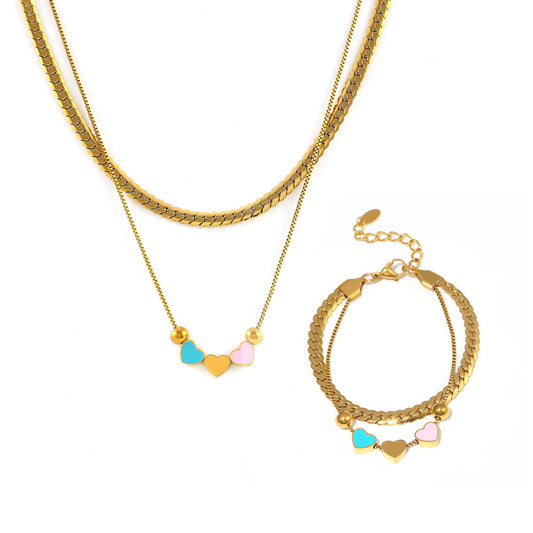 Stainless Steel Oil Drop Heart Double Layer Necklace Bracelet Jewelry Suit