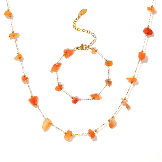Orange Natural Stone Beaded Necklace Bracelet Jewelry Suit