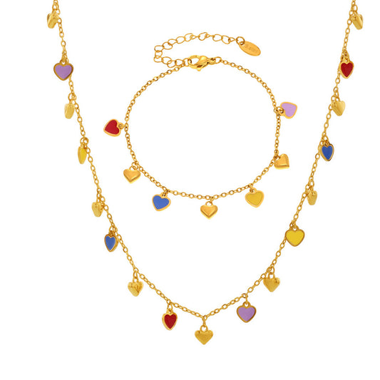 Heart Shaped Oil Drop Pendant Necklace Bracelet Jewelry Set
