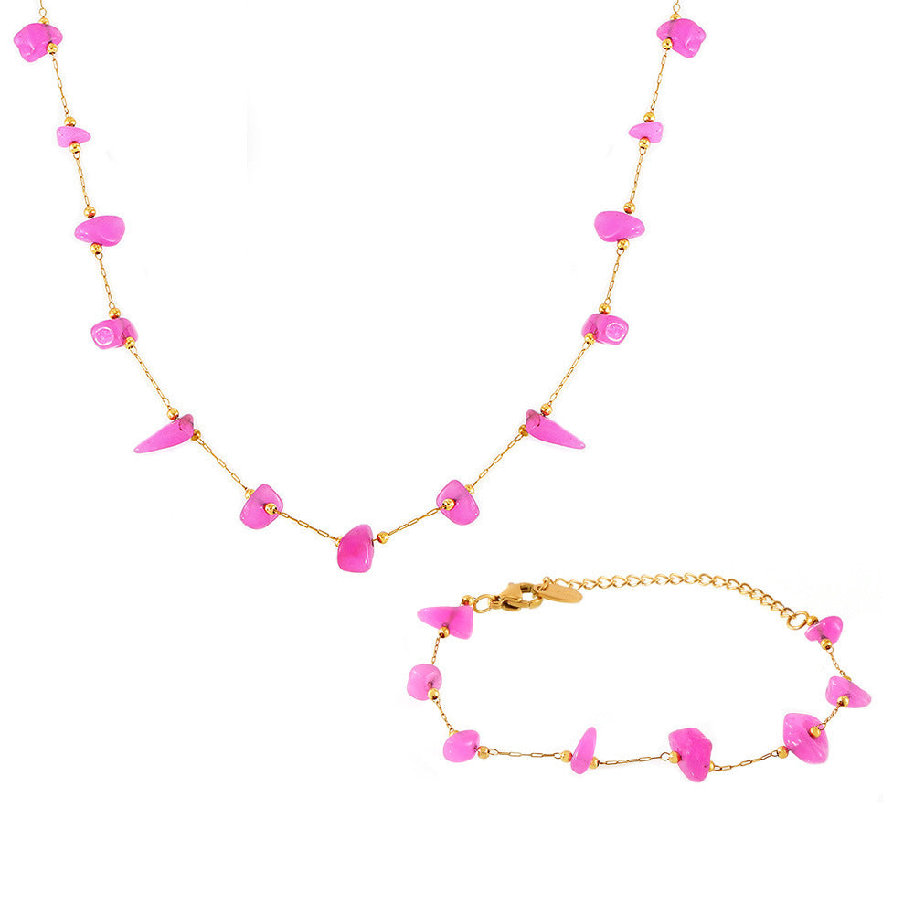 Bright Pink Natural Stone Beaded Necklace Bracelet Jewelry Suit