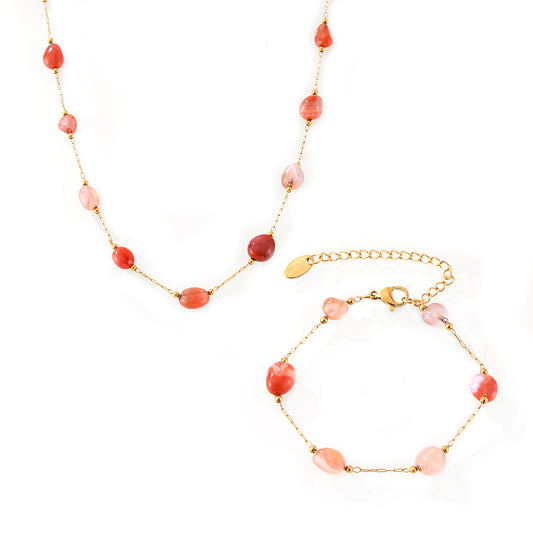 Natural Pink Agate Necklace Bracelet Jewelry Suit