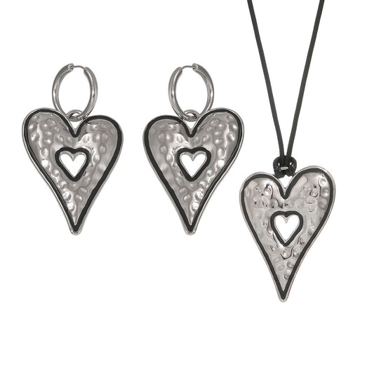 Stainless Steel Oil Drop Heart Earrings Leather Rope Necklace Jewelry Suit
