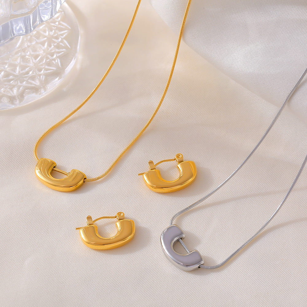 Stainless Steel U Shape Pendant Necklace Earrings Jewelry Suit